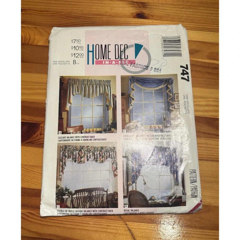 Vintage 90's McCall's 747 Sewing Pattern Home Dec In-A-Sec Window Valances Uncut